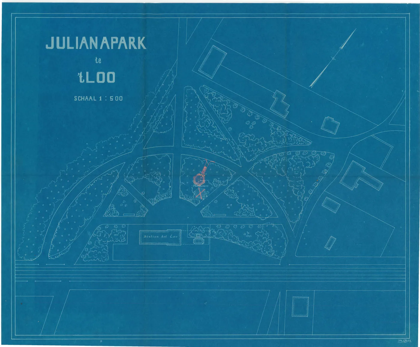Plattegrond van het park met de ingetekende muziektent, 1920