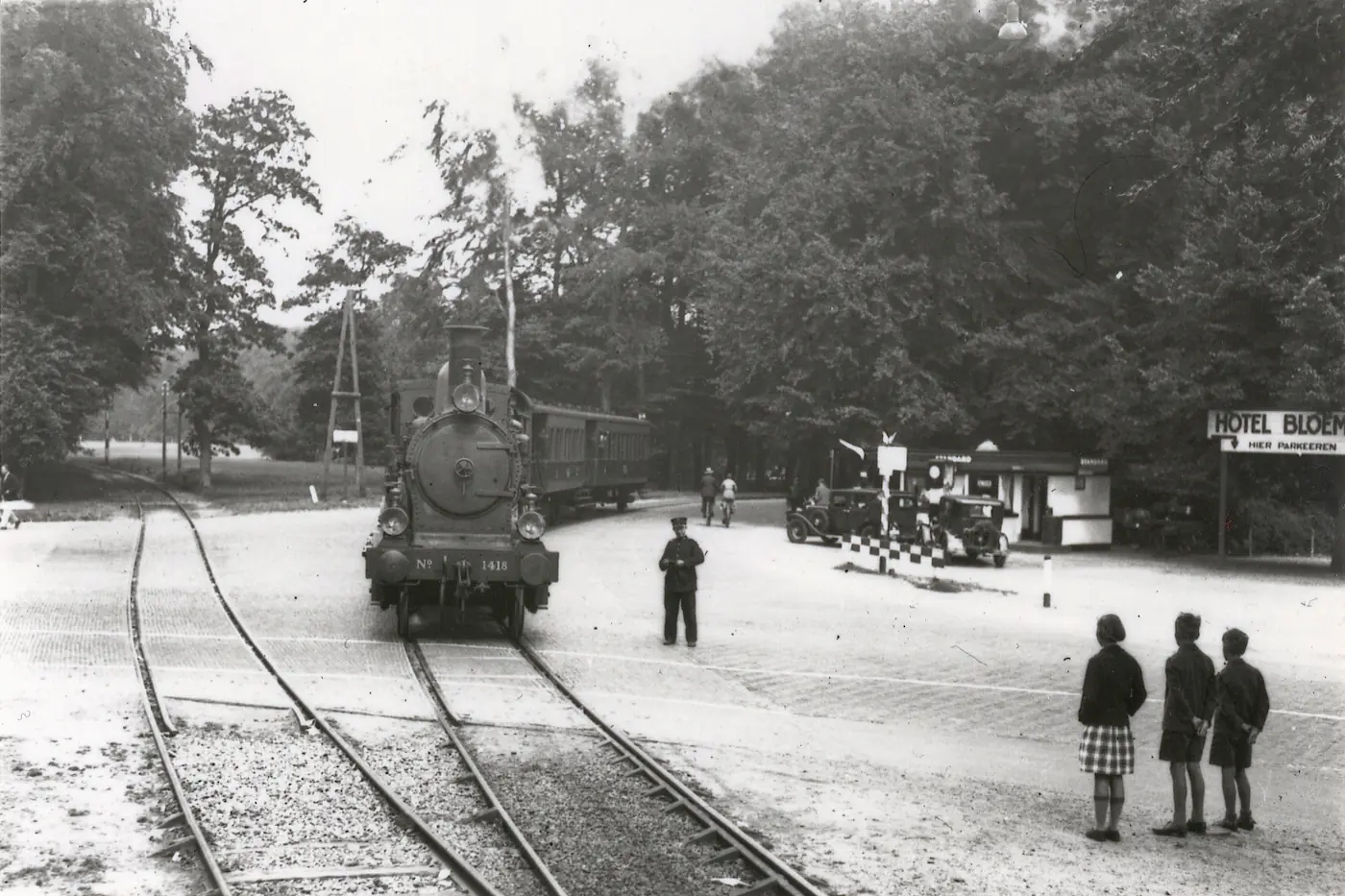 De trein uit de richting Zwolle komt aan bij de Loolaan. Links de aftakking naar het paleis