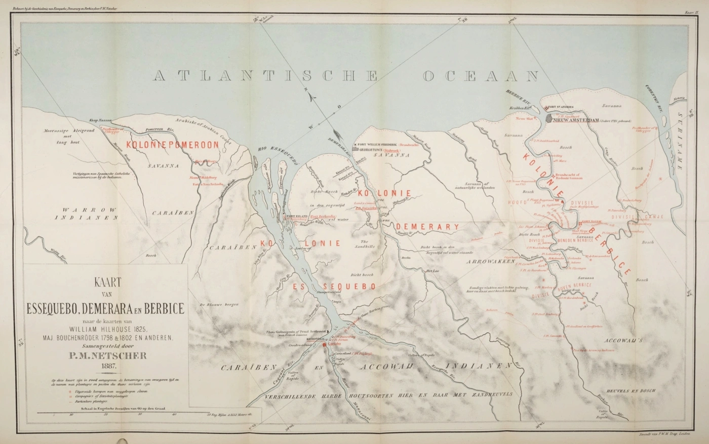 Kaart met de vroegere plantages in Essequebo, Demerara en Berbice, 1887