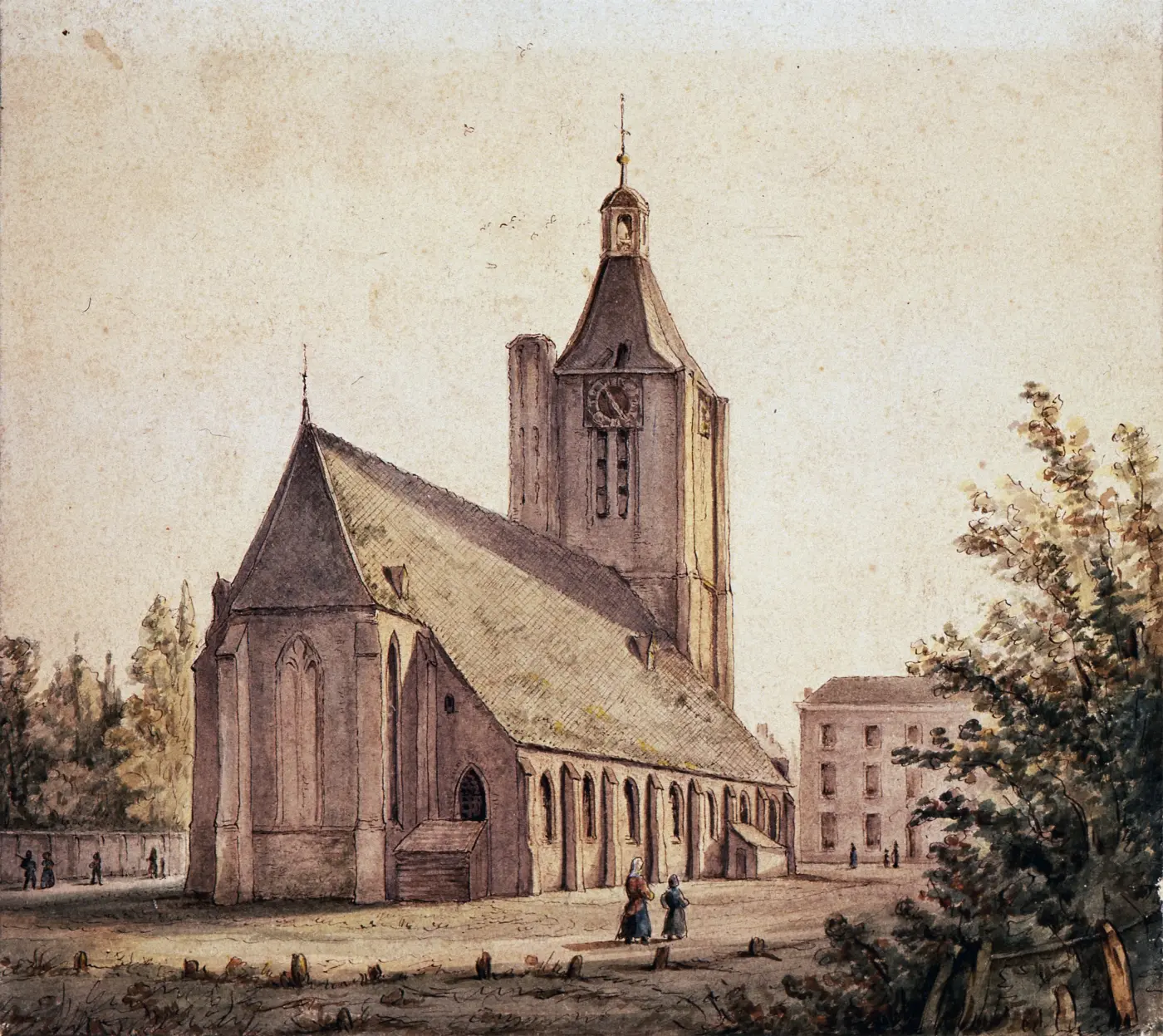 Dorpskerk Apeldoorn, aquareltekening door Arie Lieman, circa 1840