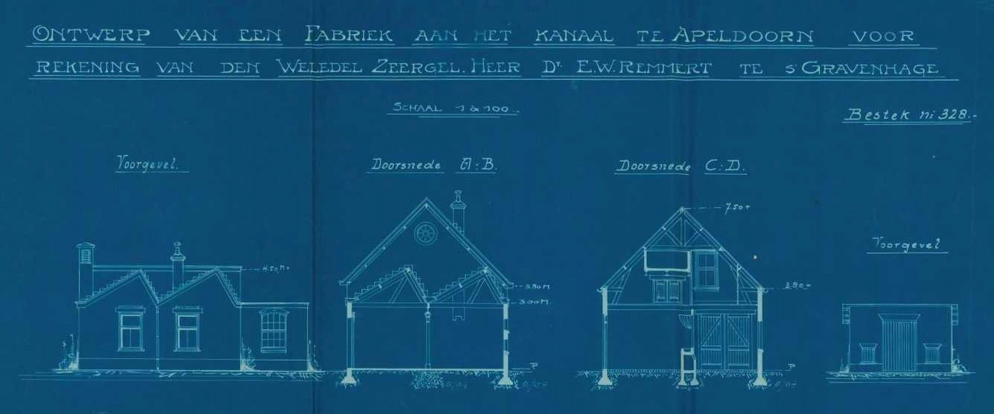 Detail van de bouwtekening van de fabriek aan het Kanaal, gemaakt door architect Andries van Driesum in 1914