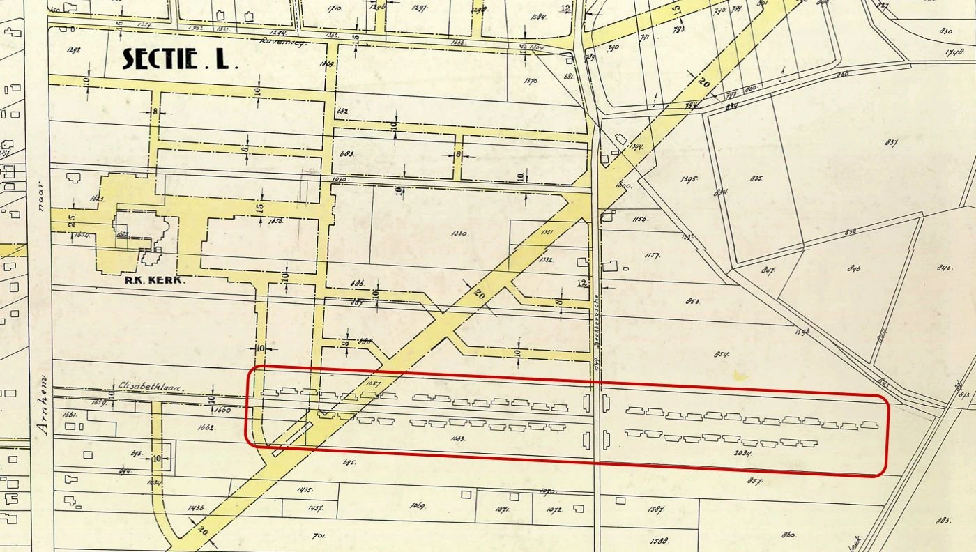 Uitbreidingsplan Apeldoorn 1923 waarop de noodwoningen nog duidelijk te zien zijn