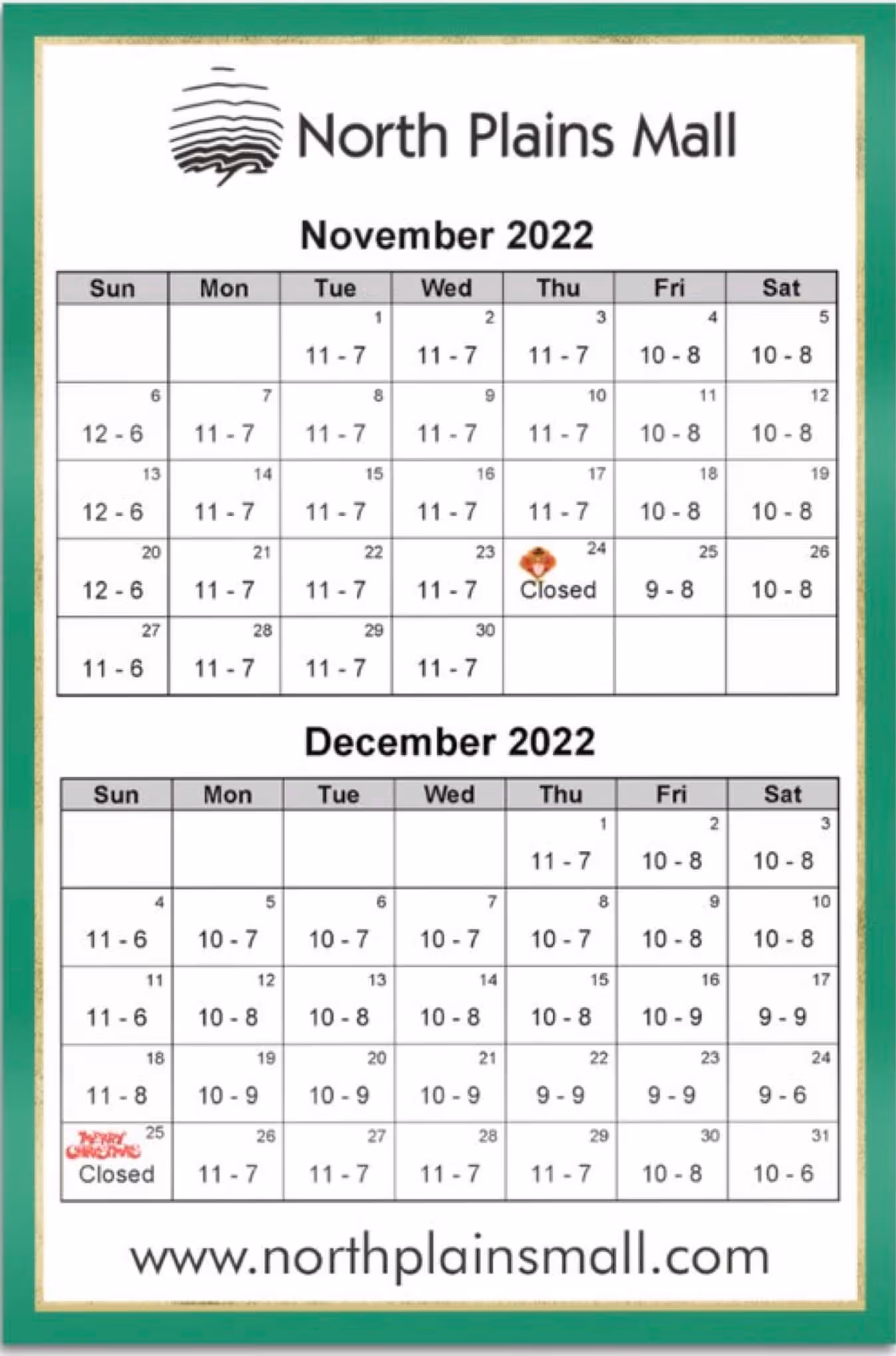 North Plains Mall holiday 2022 hours calendar