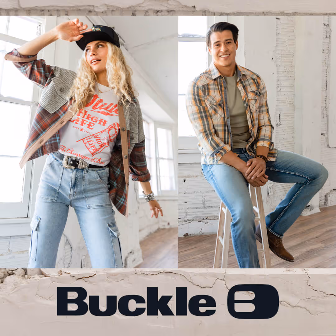 Models wearing Buckle jeans and flannel shirts