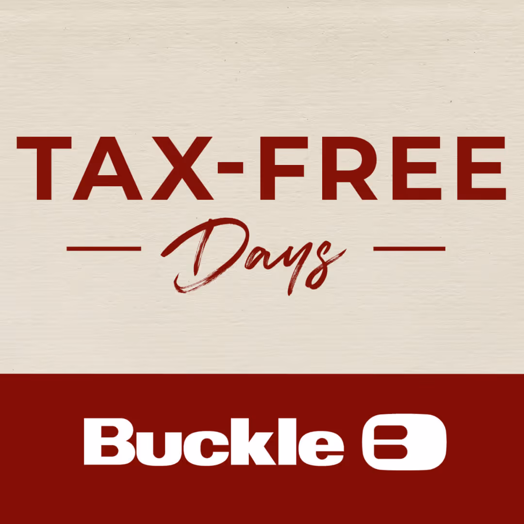Tax-free days in red text with buckle logo below