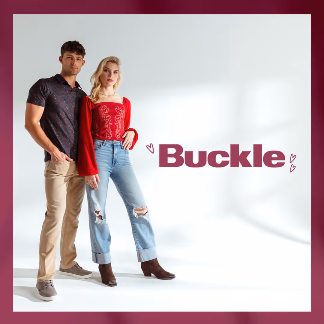 A male and a female model wearing casual date night Buckle apparel