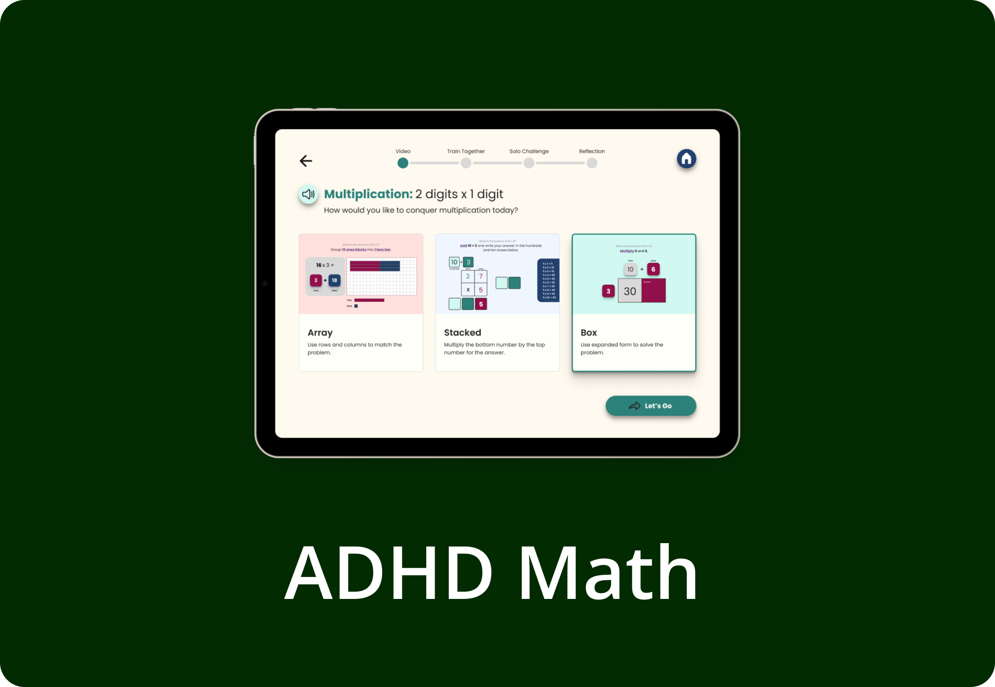  Three ipad screens displaying images of the ADHD Math app.