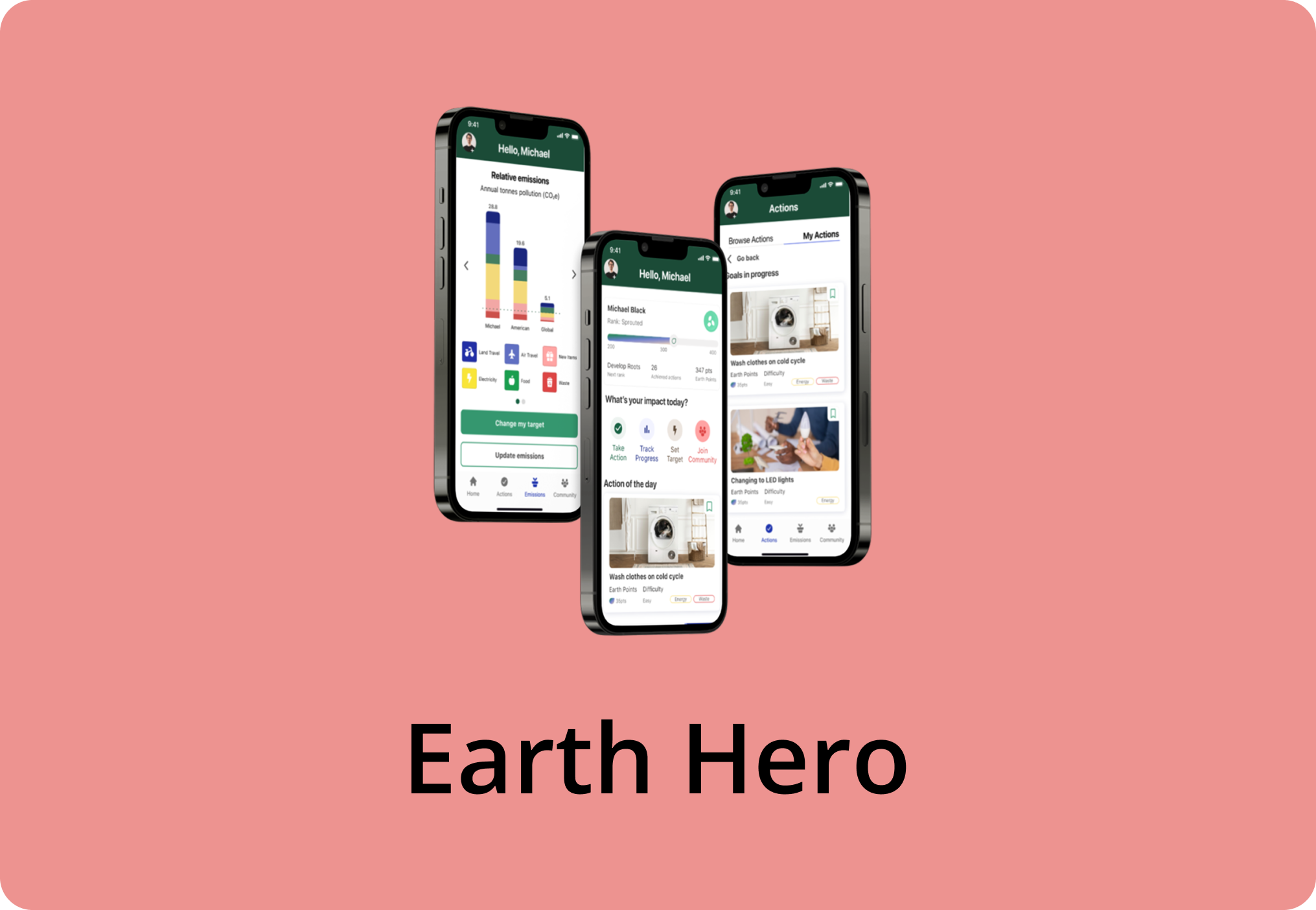 Three iPhone screens with images of the Earth Hero app