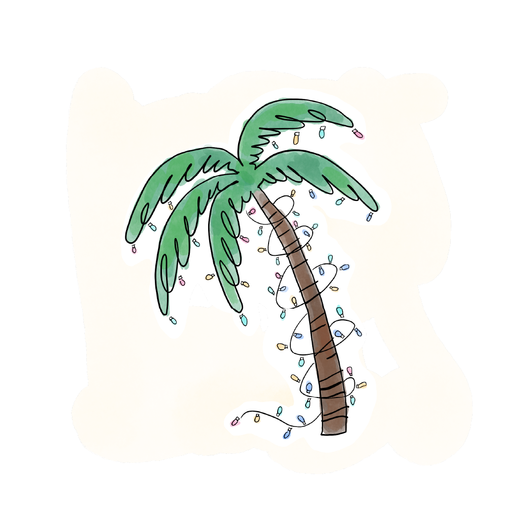 Illustration of a Palm tree wrapped in holiday lights.