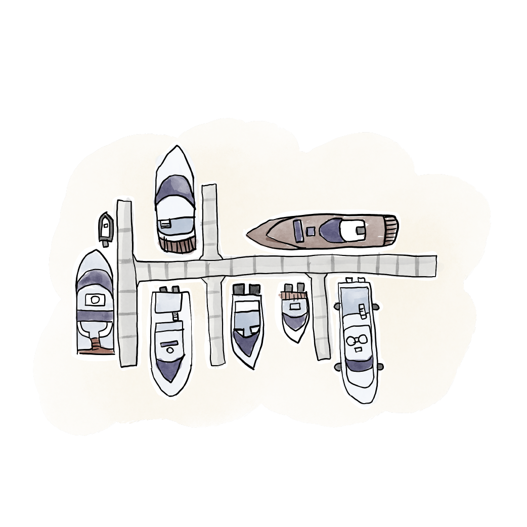 Aerial illustration of illustration of yachts docked at the Palm Beach Marina.