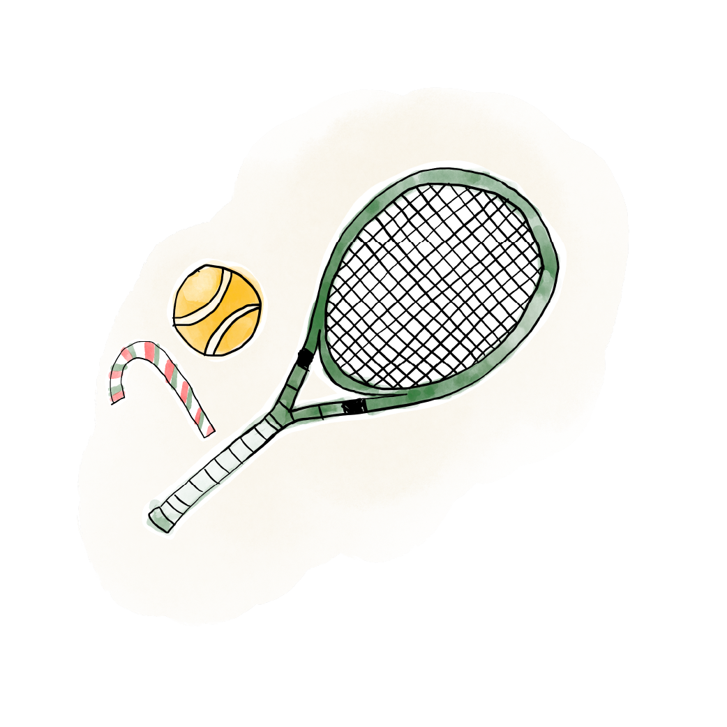 Tennis racket with a ball and candy cane illustration.