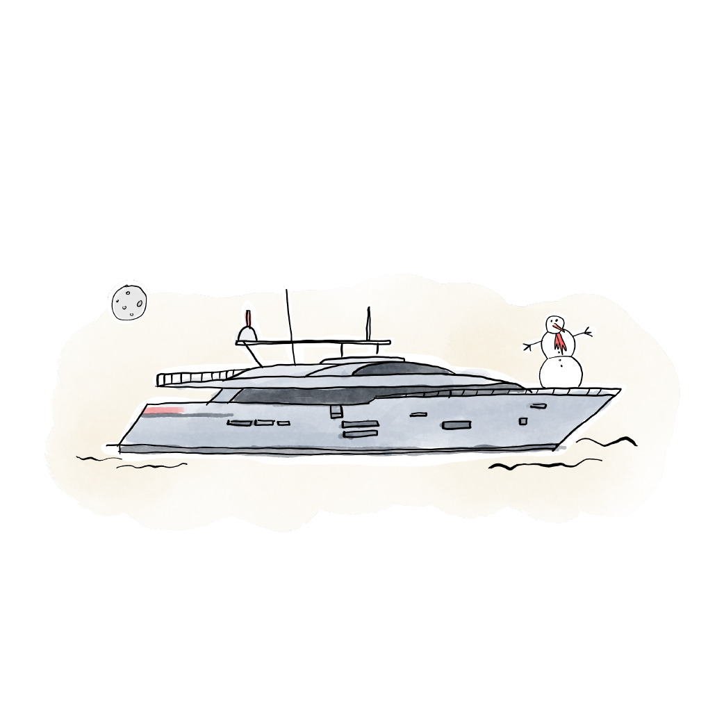 Illustration of a yacht with a snowman on the bow.