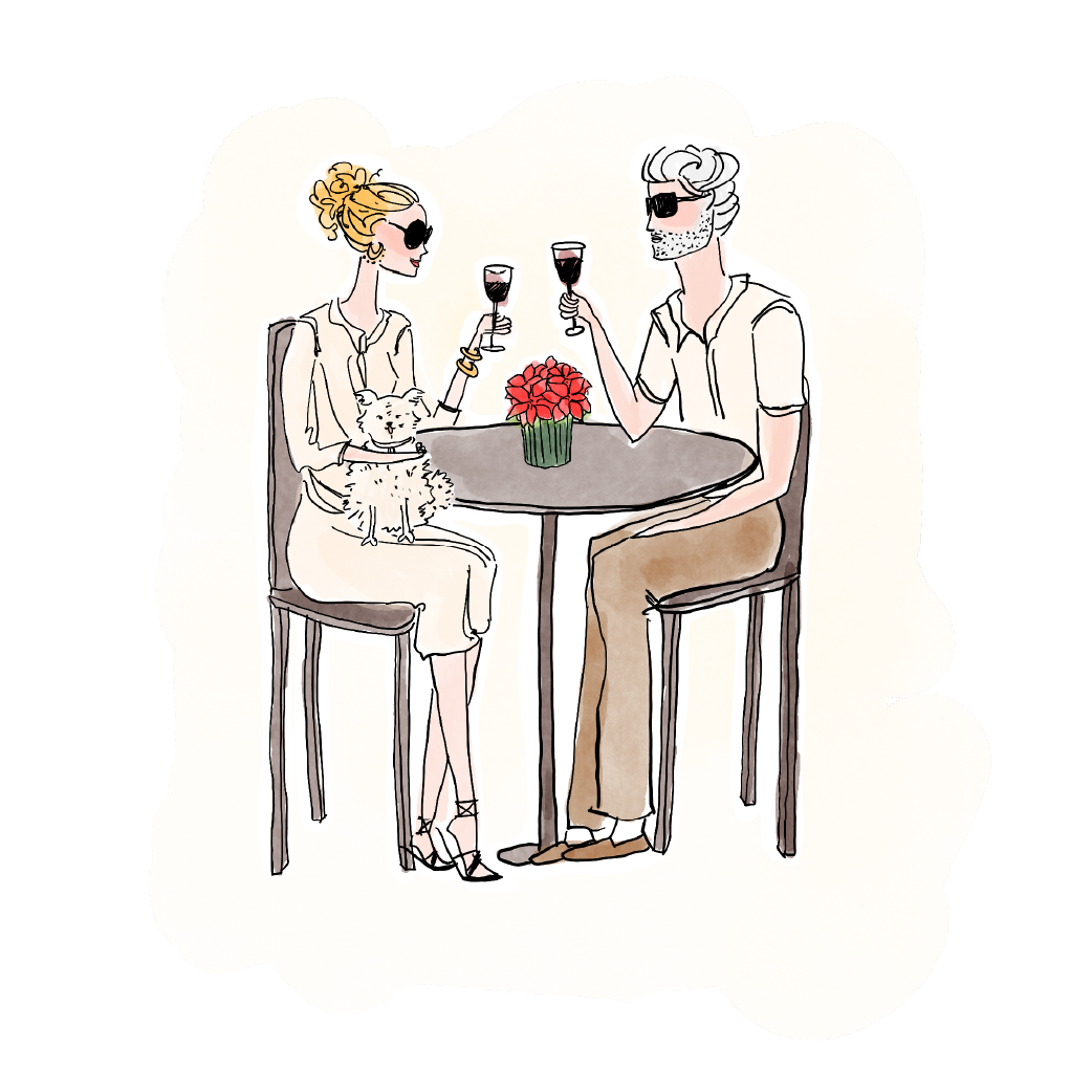 Illustration of a couple dining outdoors during the holidays.