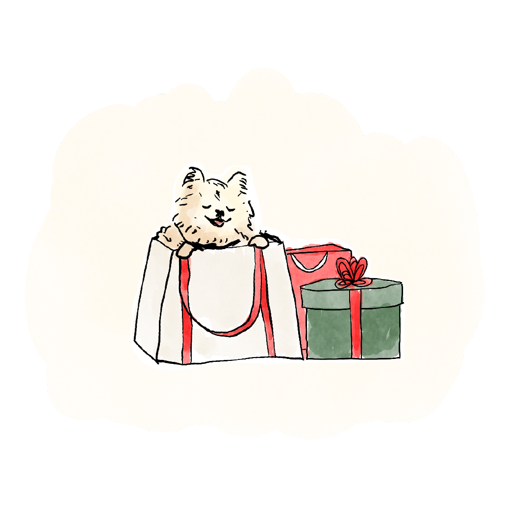 Illustration of a dog peeking out of a Palm Beach Marina bag next to presents.