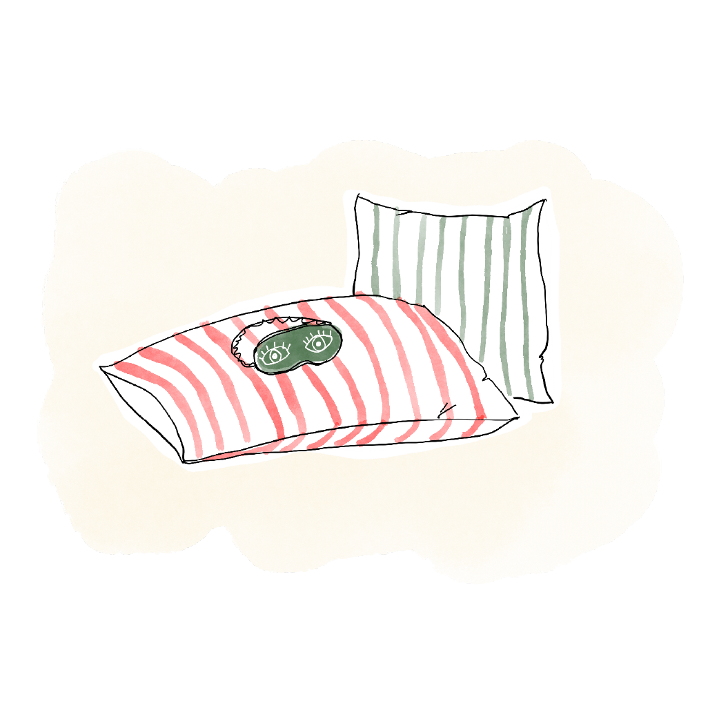 Illustration of striped pillows with festive holiday patterns.