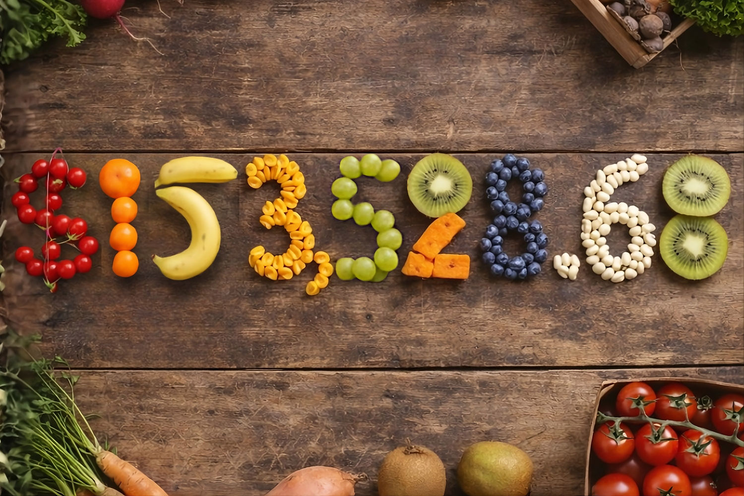 Fresh fruit and vegetables arranged on a garden table in the shape of the "$153,528.68"