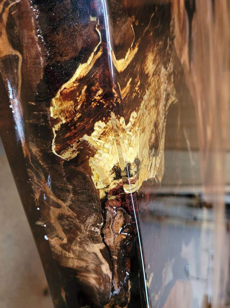 Epoxy resin table and exceptional solid root wood designer table with natural gold amber, special luxury design table