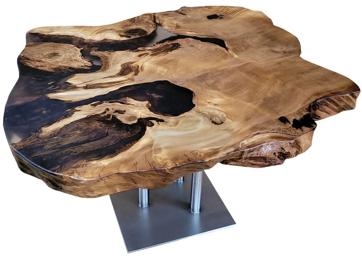 Exclusive coffee table as precious designer furniture as a valuable work of art made of wood with tree edges and table for everyday use