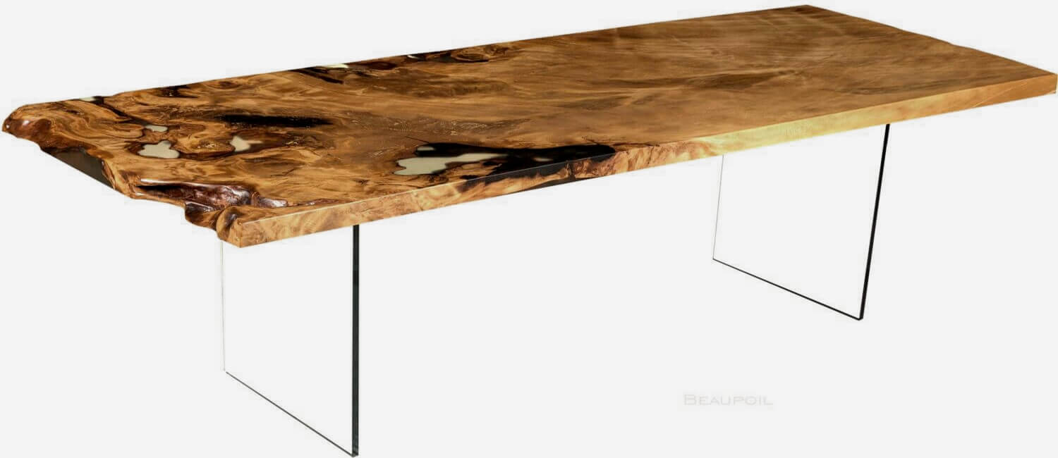 Designer table with incomparable burl wood table top grown one piece, modern design table from master carpenter Beaupoil, rare investment