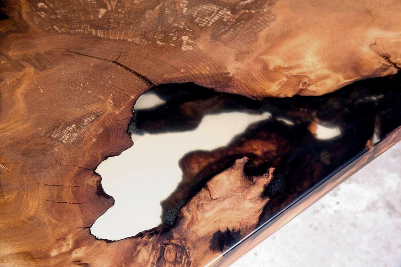 Wooden table as a rare unique piece with high quality epoxy resin in solid kauri root wood table top, designer table handmade for incomparable furnishings
