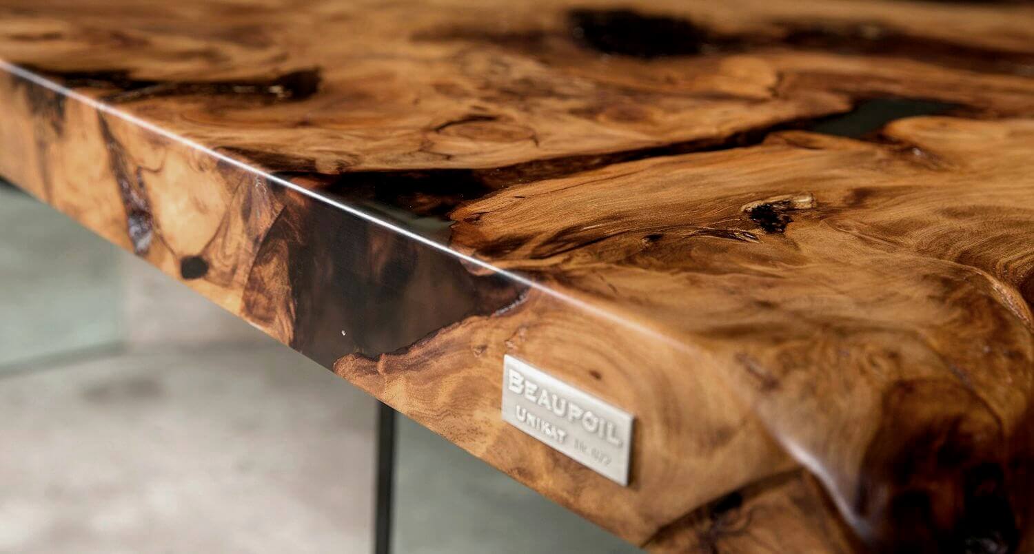 Exclusive Kauri solid wood table top from the design table as an incomparable original unique piece of Beaupoil as a unique investment, valuable wooden table handmade