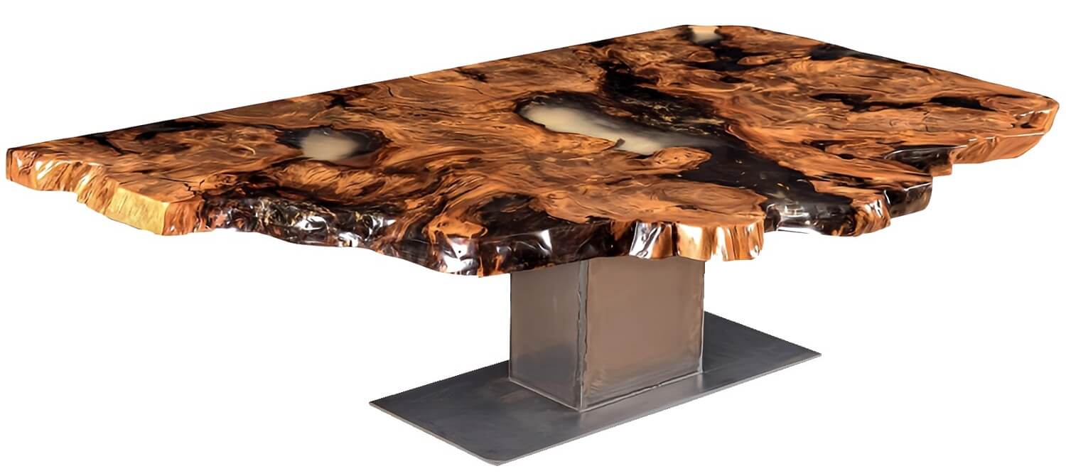 Table de salle à manger exclusive avec grand plateau en magnifique bois de racine vieux de 2900 ans avec résine époxy et chants naturels