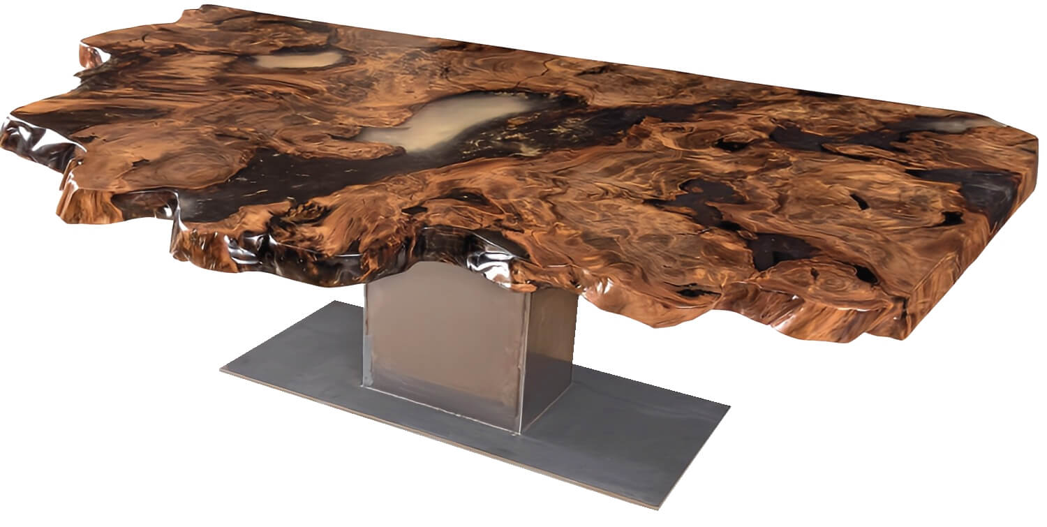 Table de salle à manger design individuelle, unique et de haute qualité, avec un grand plateau en bois de racine d'une seule pièce.