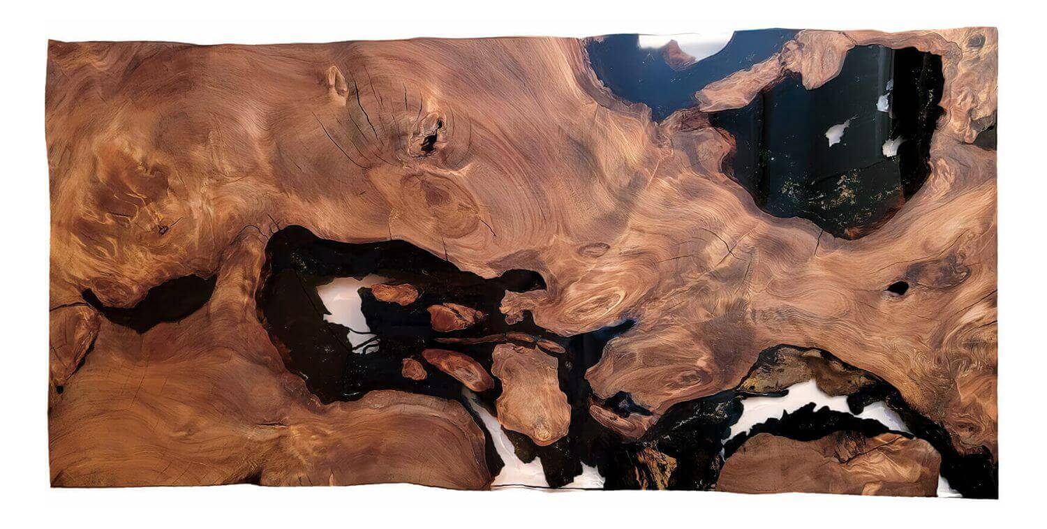 A unique tabletop made from high-quality genuine kauri wood and a moisture-resistant solid wood table, serving as an artistic, one-of-a-kind dining table and a work of natural art