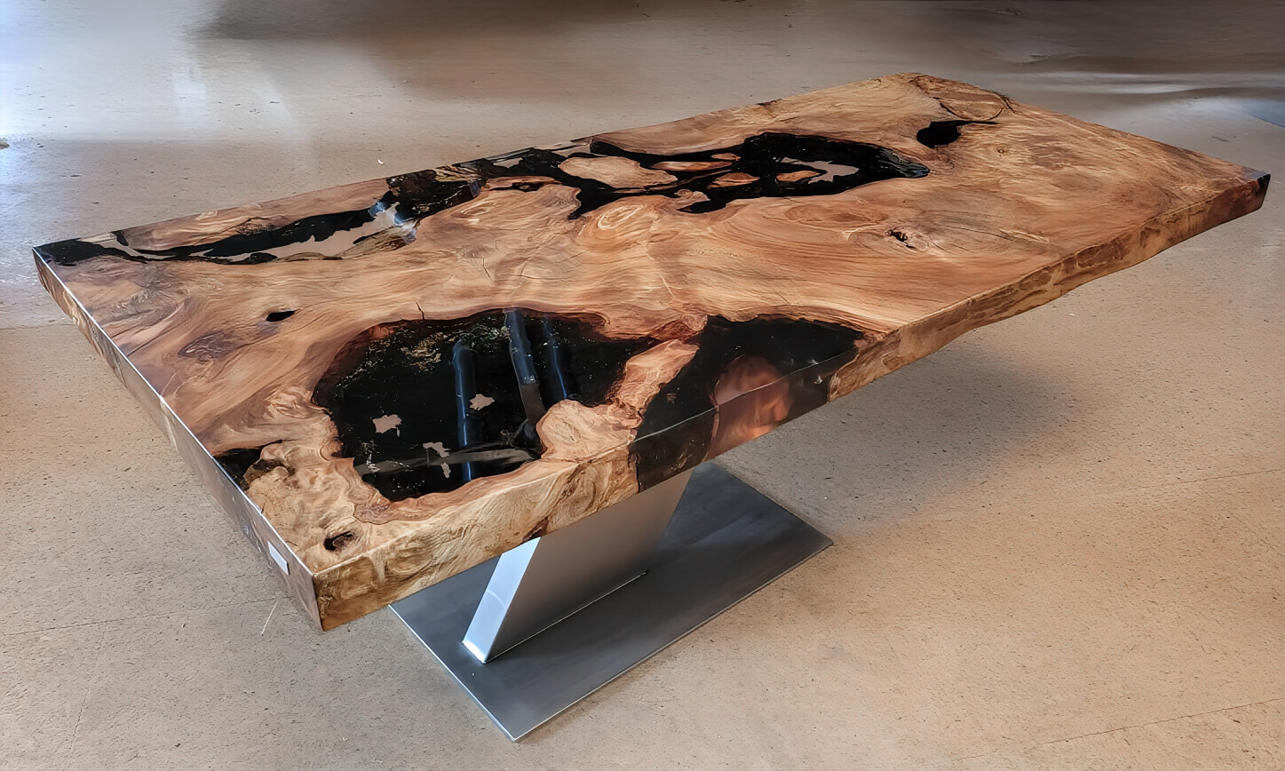 A distinctive solid wood table crafted from millennia-old burl wood—a unique work of natural art, a durable piece, and an extraordinary one-of-a-kind item