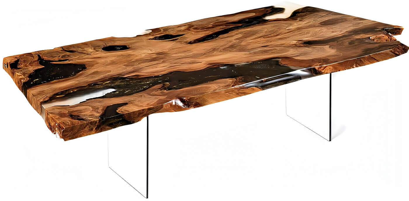 A valuable natural wood table featuring a unique, delicate frame and a large solid wood tabletop with bark and amber—a one-of-a-kind piece and a sound investment