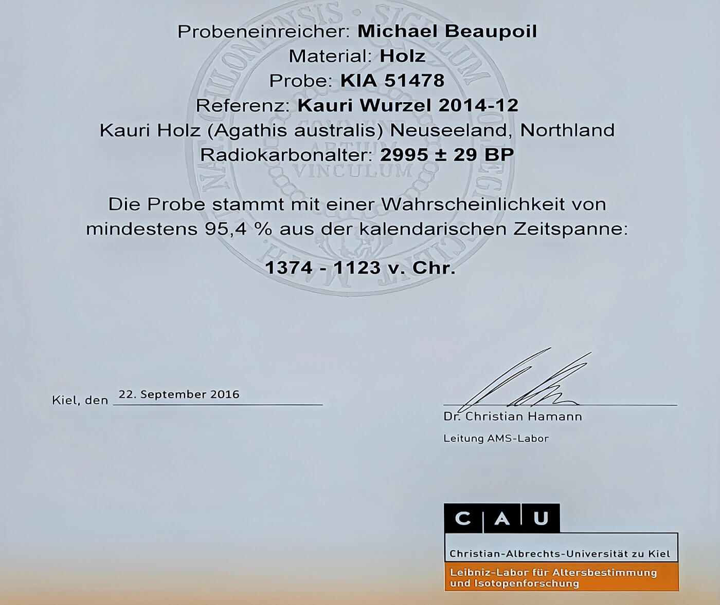 Certificate of Age for an exclusive Kauri natural wood table made from 2,900-year-old burl wood, serving as both an investment and a one-of-a-kind piece
