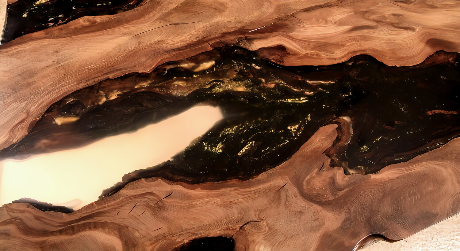 Exclusive, one-of-a-kind wooden table featuring amber set in millennia-old kauri burl wood; the internationally unique tabletop serves as both a heirloom and an investment