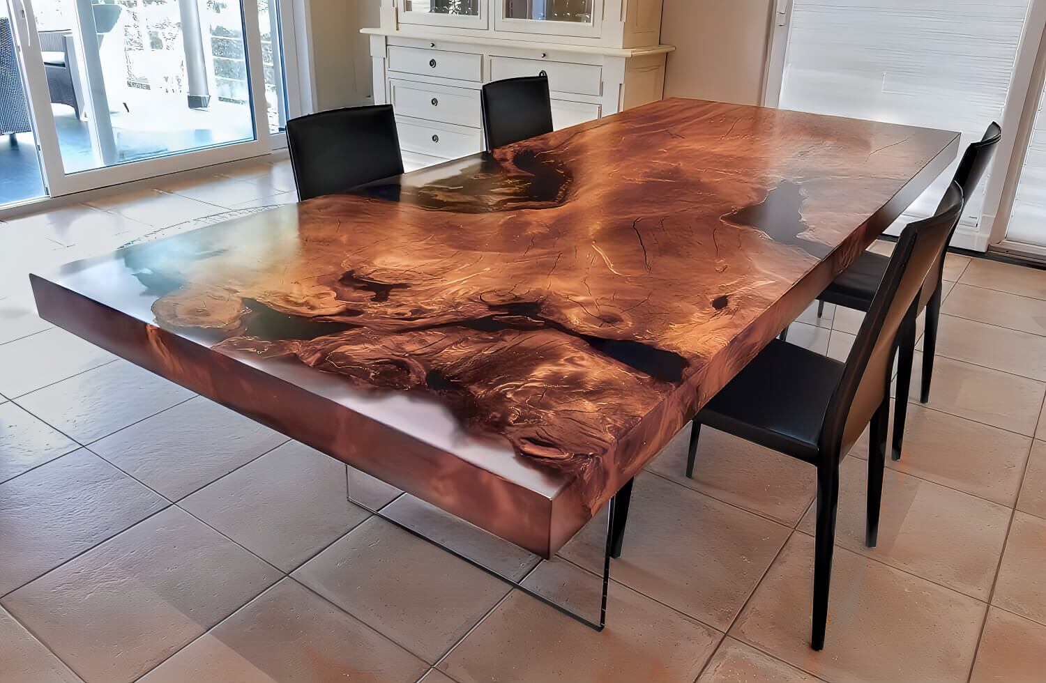 An investment in the tangible value of a unique Kauri design piece of furniture and a natural wood table, suitable as a sturdy dining table, an exclusive conference table, or a living room table