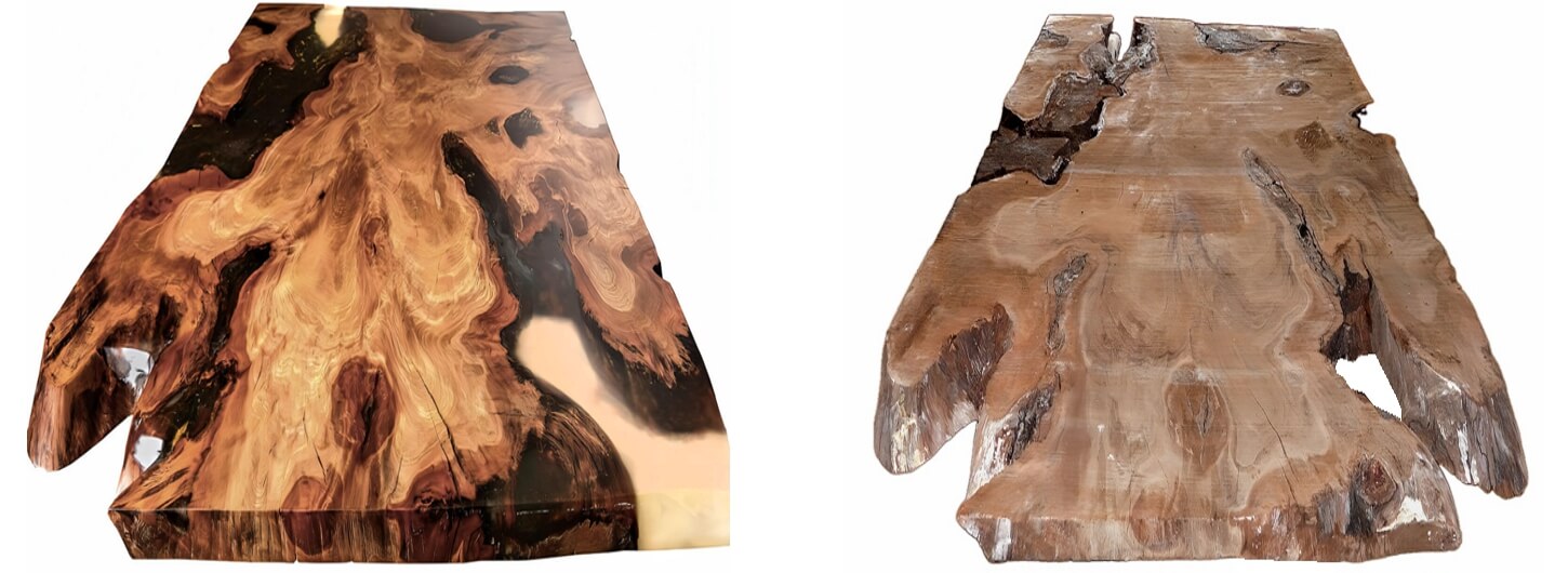 Solid wood blank and finished tabletop made from old burl wood, forming an exceptional natural wood table that serves as a high-value investment
