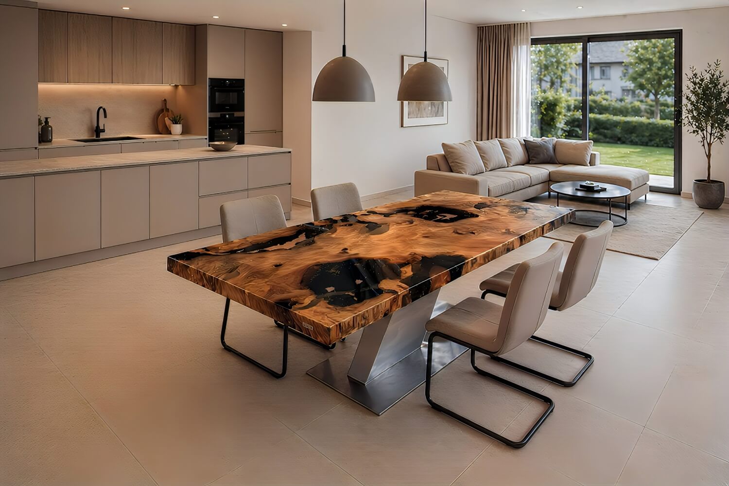 Design d'intérieur avec table comme table de design unique en bois de racine massif à Dubaï pour les architectes d'intérieur pour les propriétés et villas de luxe exclusives