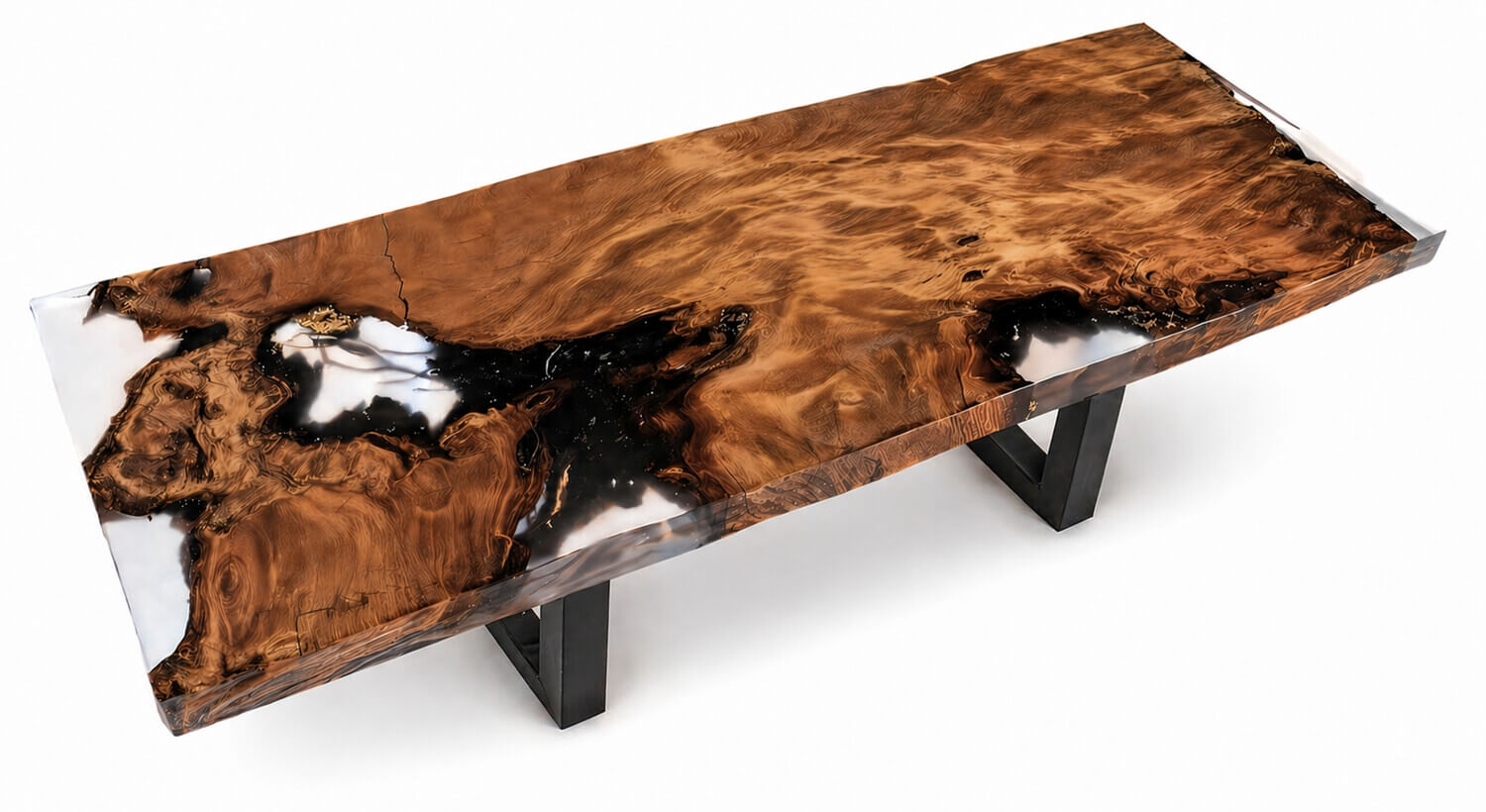 Exklusiver Luxustisch und außergewöhnlicher Naturholz Designertisch handgefertigt aus Kauri Holz mit Rinde und Bernstein in Epoxidharz in Tischplatte