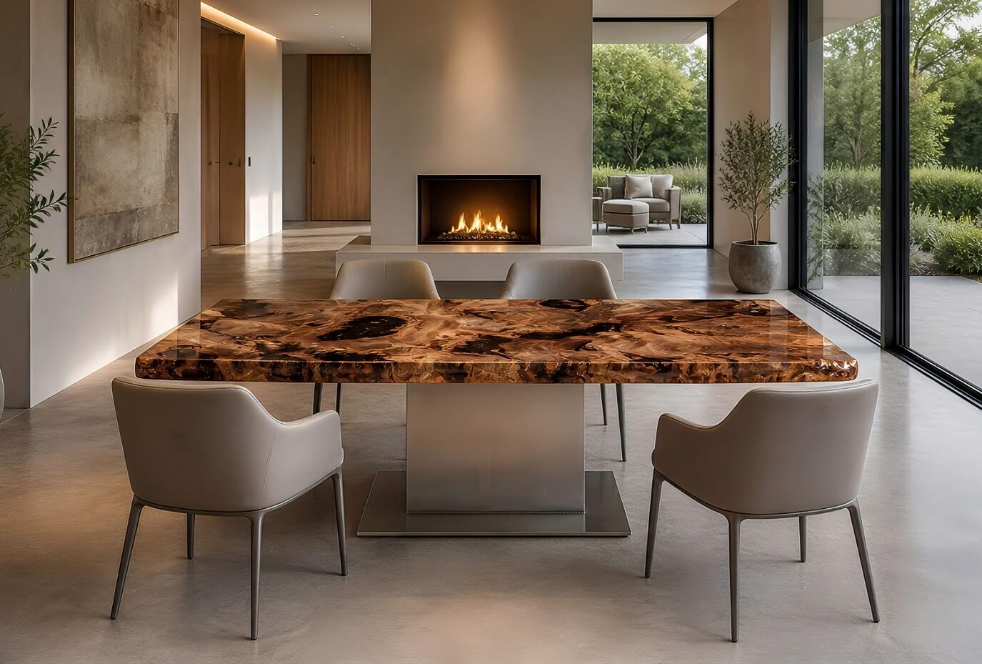 Außergewöhnlicher Kauri-Esstisch als handgefertigten Designertisch mit kunstvoller Tischplatte aus 2900 Jahre altem Wurzelholz in exklusivem Interior