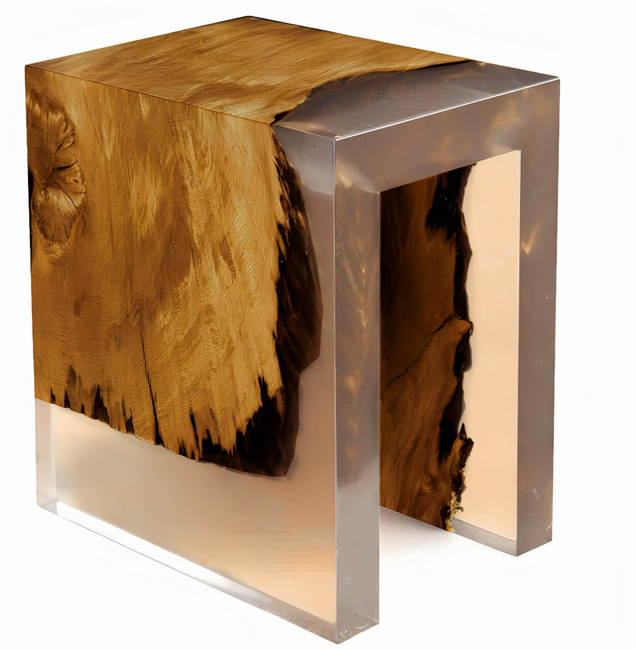 Modern furniture design in the form of a stool made of burl wood with bark and epoxy resin from Exclusive Design Furniture