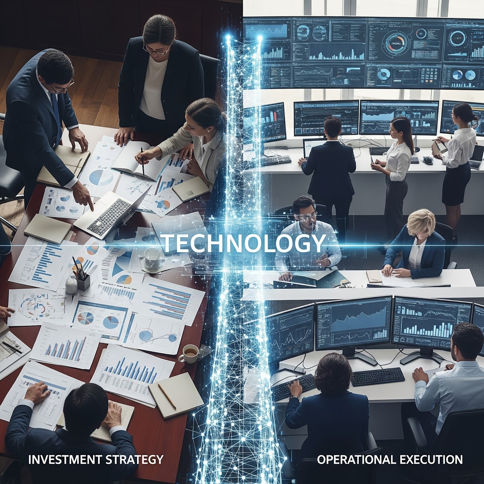 A split-screen visual showing two teams—one side representing investment strategy (financial models, deal documents), the other side representing operational execution (dashboards, performance charts)—meeting in the middle with a digital bridge labeled "Technology."