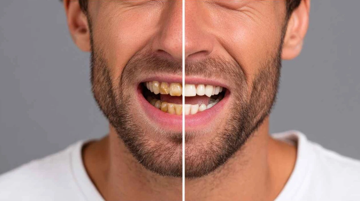 Before and after teeth whitening showing removal of coffee stains.