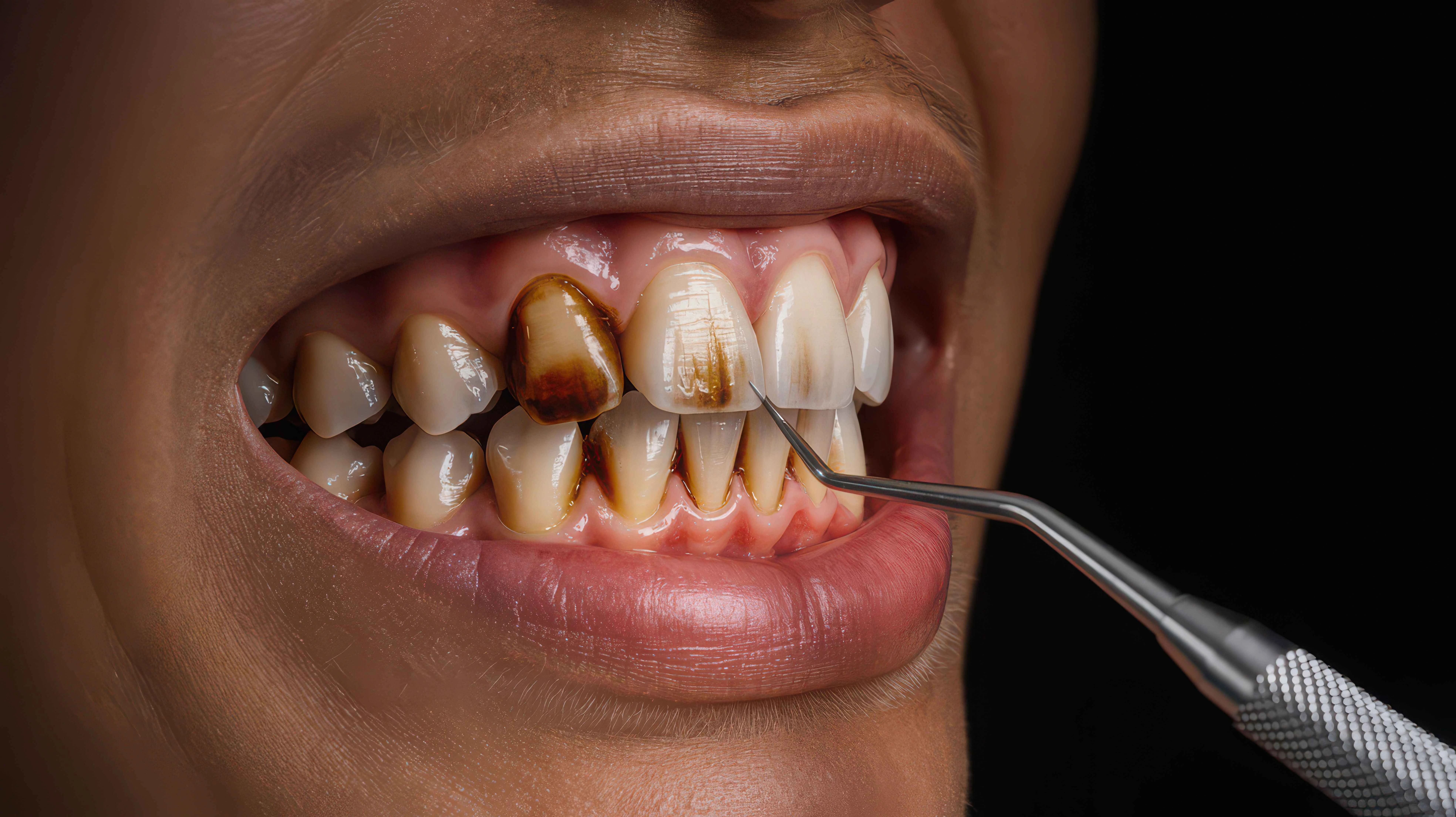 Close-up of a person examining coffee stains on their teeth in the mirror, noticing discoloration
