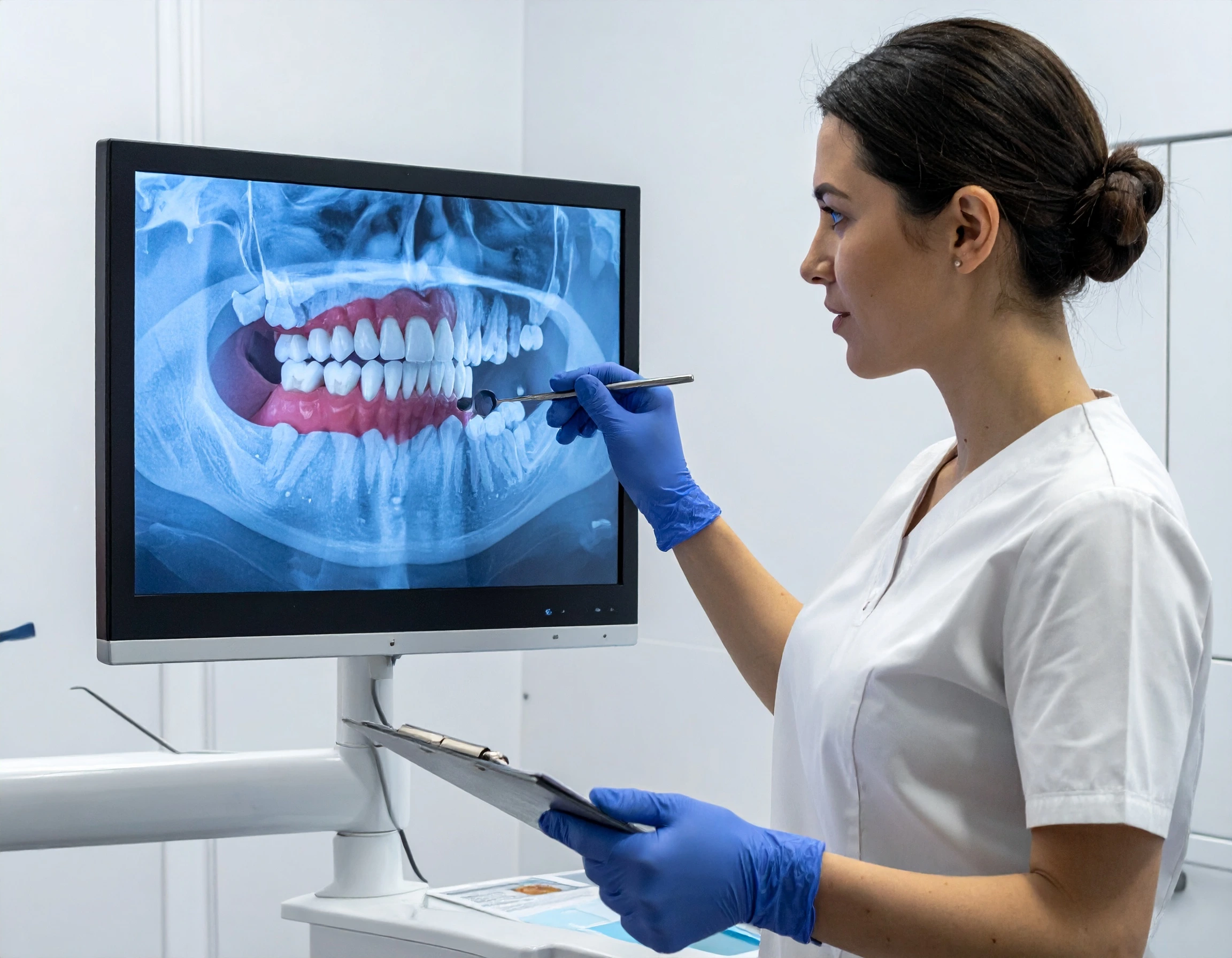 Dentist reviewing a patient’s dental X-ray scan to assess teeth and gum health at Main Street Dental.