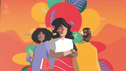 J, Z and K, I Will Stand hero image, J on bus, part of I Will Stand animation, BMS World Mission, Stone Barrell