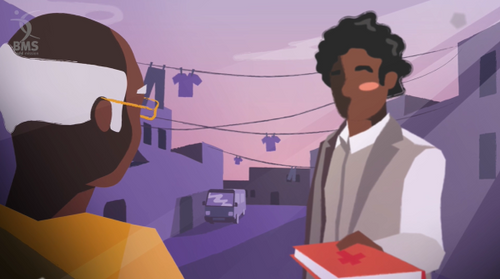 K getting his first Bible, J on bus, part of I Will Stand animation, BMS World Mission, Stone Barrell