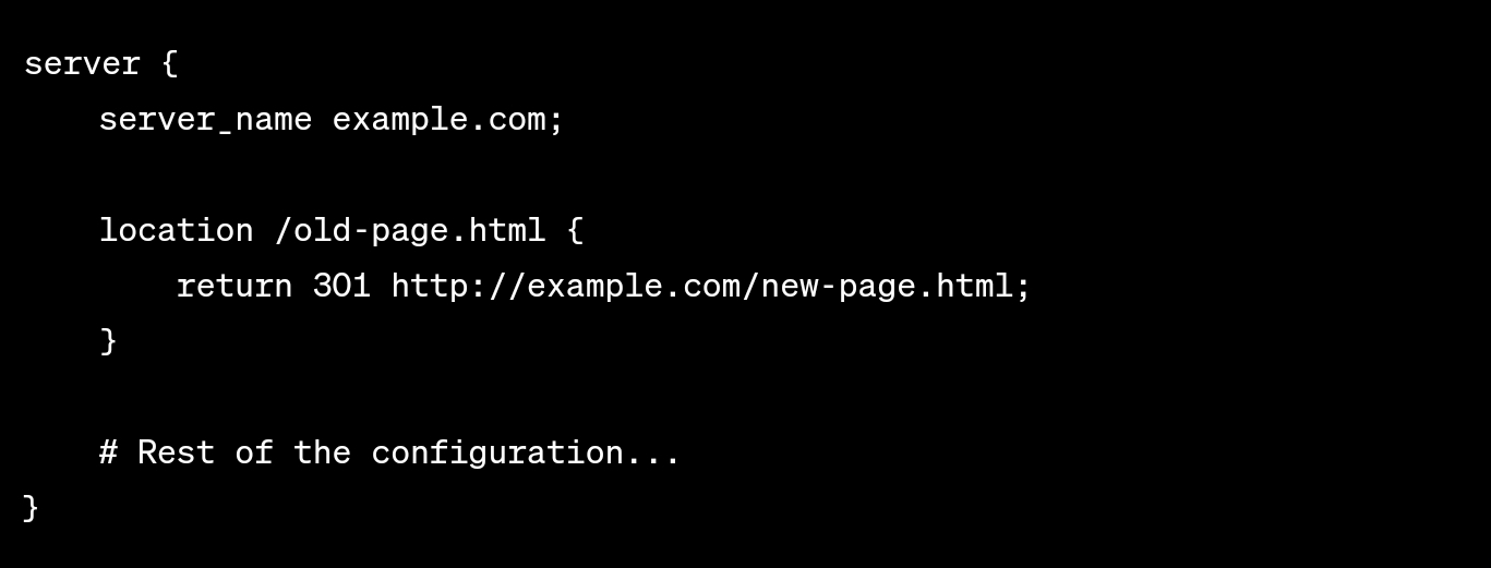 This is the code to redirect a single page on Nginx servers