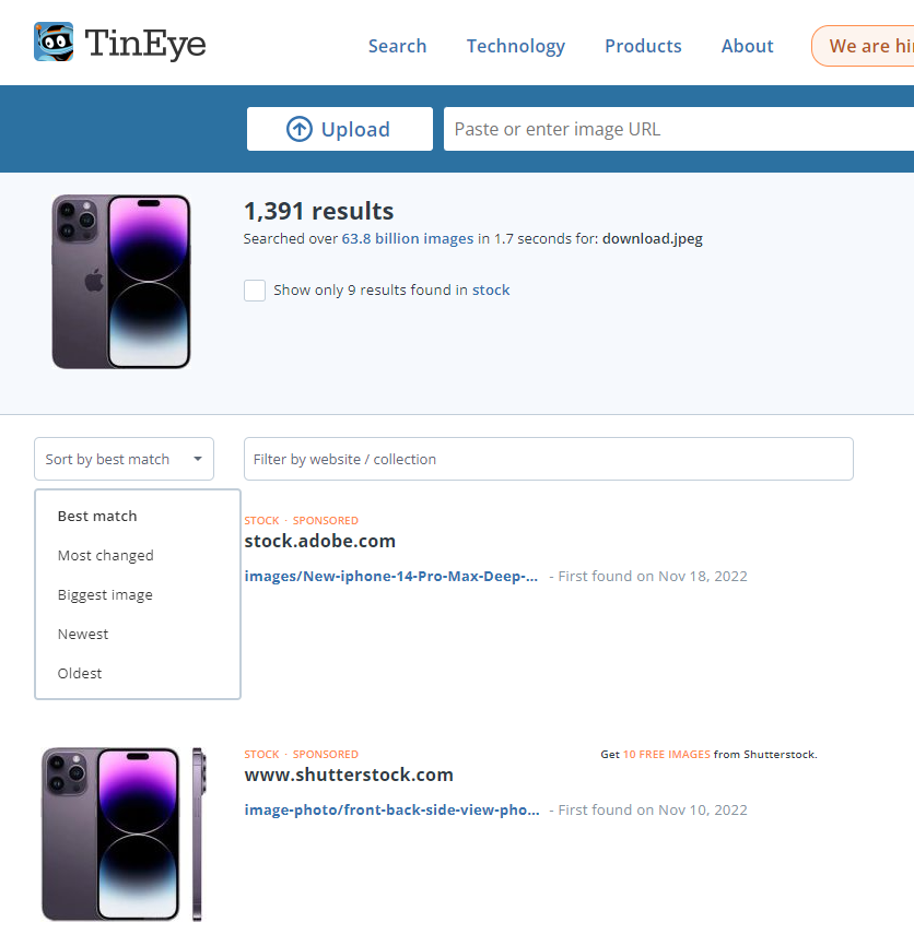 TinEye reverse search results‍