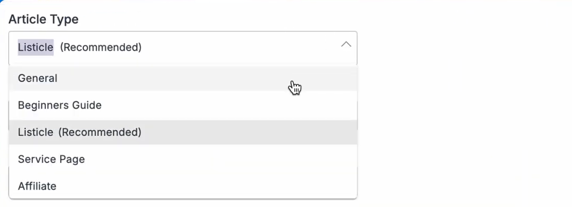 selection of article types in Scalenut's content creation tool, with options like Listicle, General, Beginner's Guide, Service Page, and Affiliate
