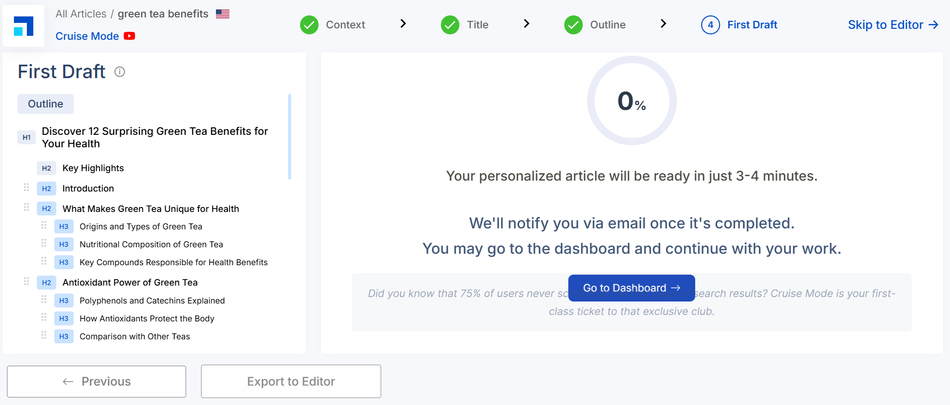 Scalenut's Cruise Mode showing the content draft process with an article outline