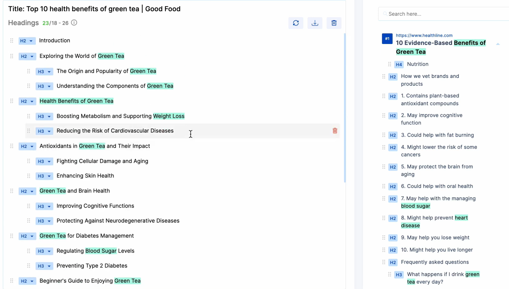 Scalenut's cruise mode showing content outline with a structured heading list for an article