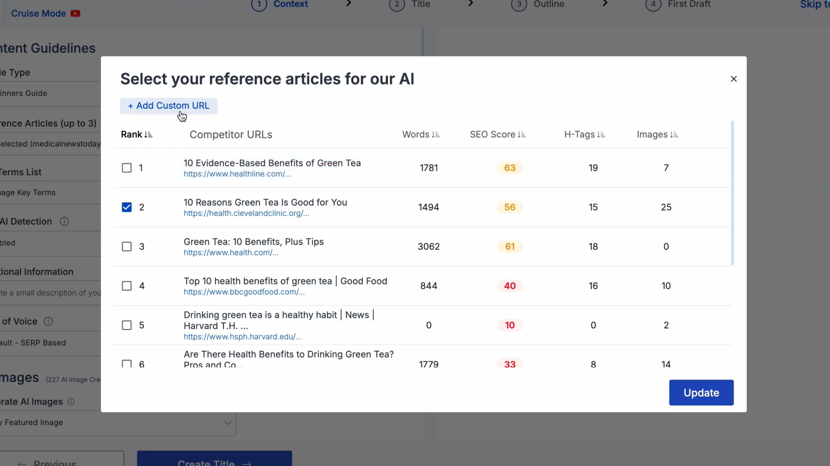 Scalenut's Cruise Mode tool showing the selection of reference articles with SEO scores, word count, H-tags, and images for AI content generation.